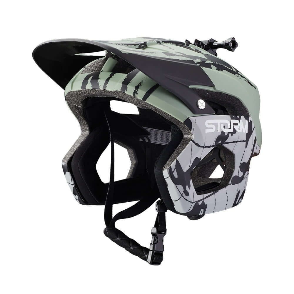 Mountain bike helmet with modern drop frame design and camouflage print for optimal protection and style.