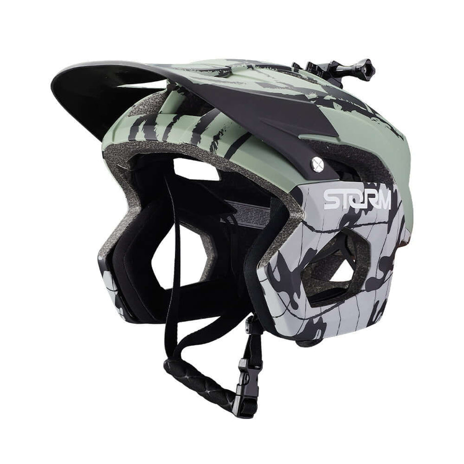 Mountain bike helmet with modern drop frame design and camouflage print for optimal protection and style.