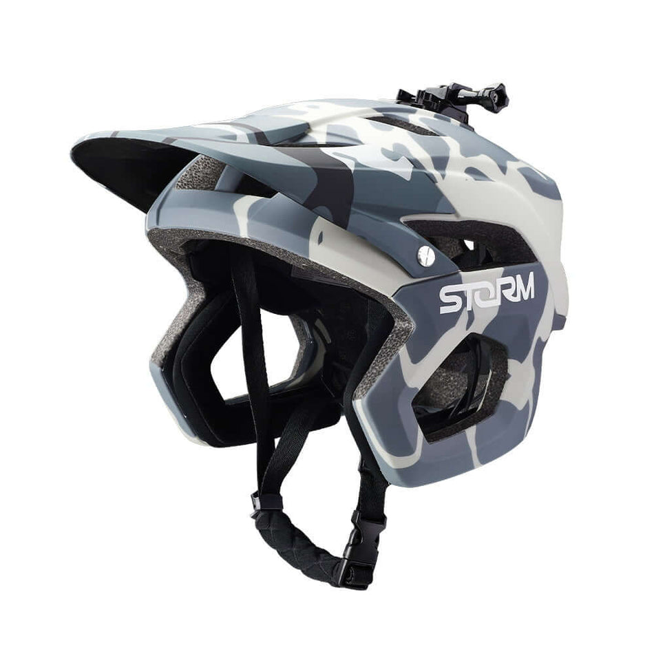 Mountain bike helmet with modern drop frame design and breathable ventilation for optimal cooling.
