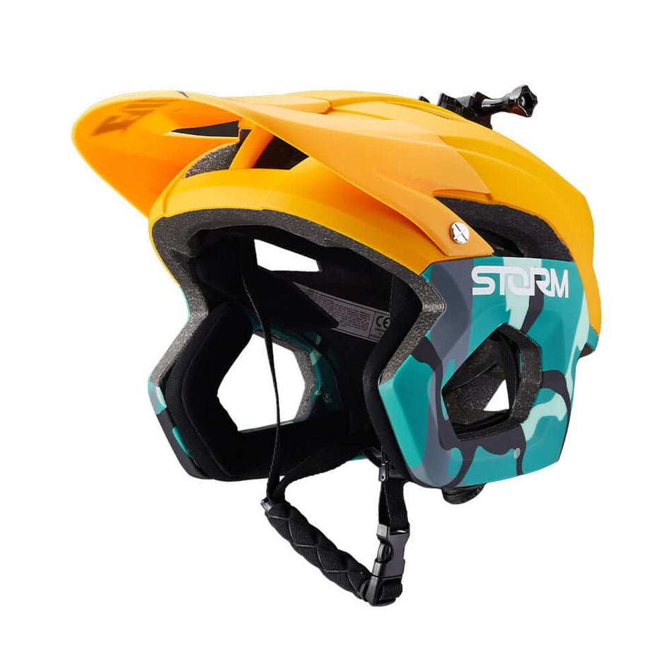 Mountain bike helmet in modern dropFrame design with orange and teal camo colors for optimal style and safety.