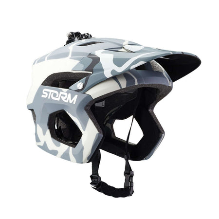 Mountain bike helmet in stylish camo design for safety and comfort during cycling activities.