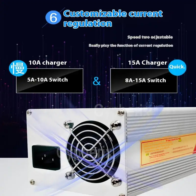 High-Power Smart Charger 84V 96V 108V Series 10A-12A Fast Charger for 18650 Li-ion & LiFePO4 Batteries with customizable current regulation.