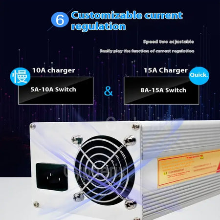 High-Power Smart Charger 84V 96V 108V Series 10A-12A Fast Charger for 18650 Li-ion & LiFePO4 Batteries with customizable current regulation.
