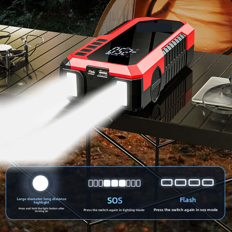Car emergency start power supply and air pump all-in-one machine features large spotlight and SOS mode functionality.