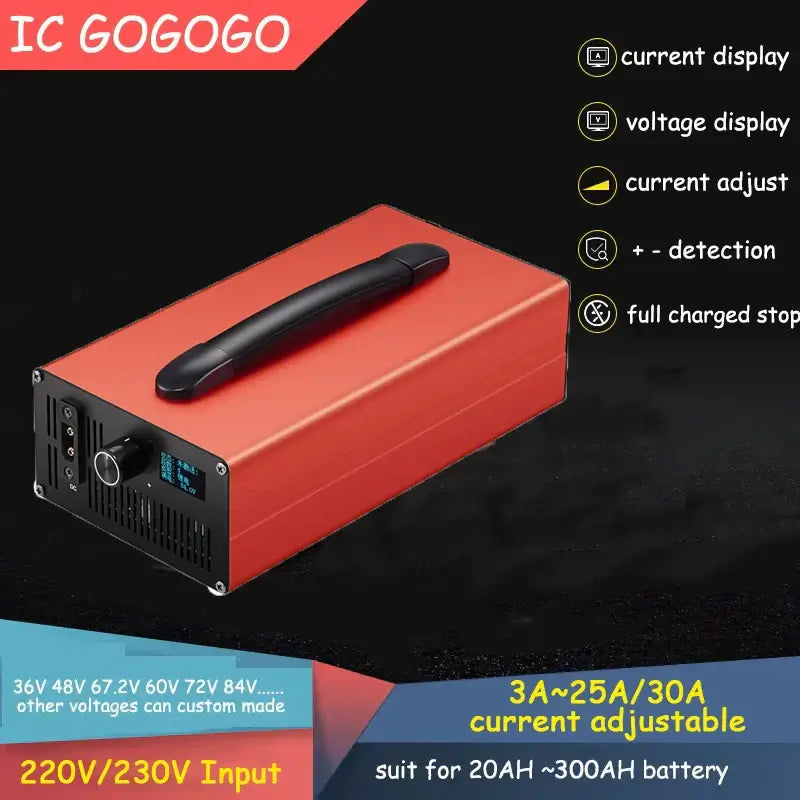 Adjustable High-Power Smart Charger 36V-84V 3A-30A for Li-ion & LiFePO4 with current display and voltage display.