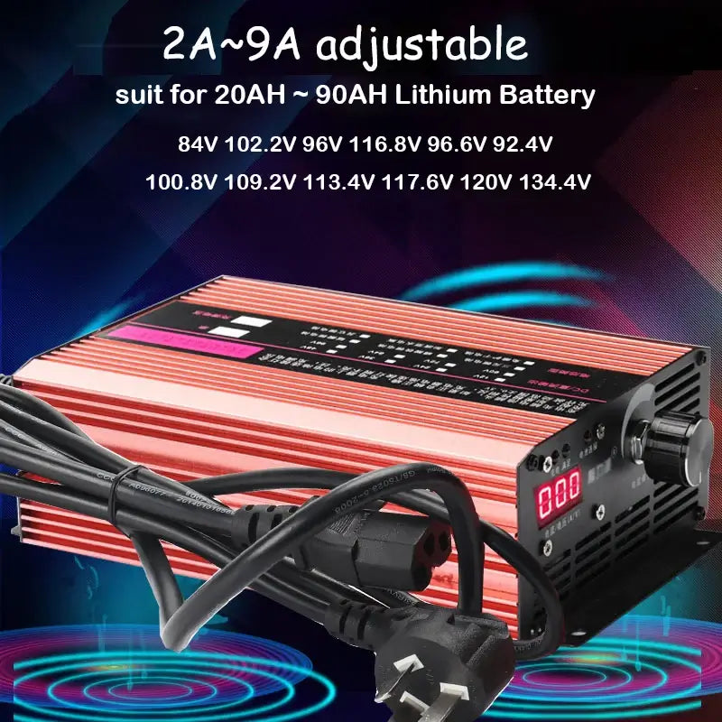 84V–120V Adjustable Smart Lithium Charger (2A-9A) for 24S 28S 32S Li-ion & LiFePO4 with adjustable current.