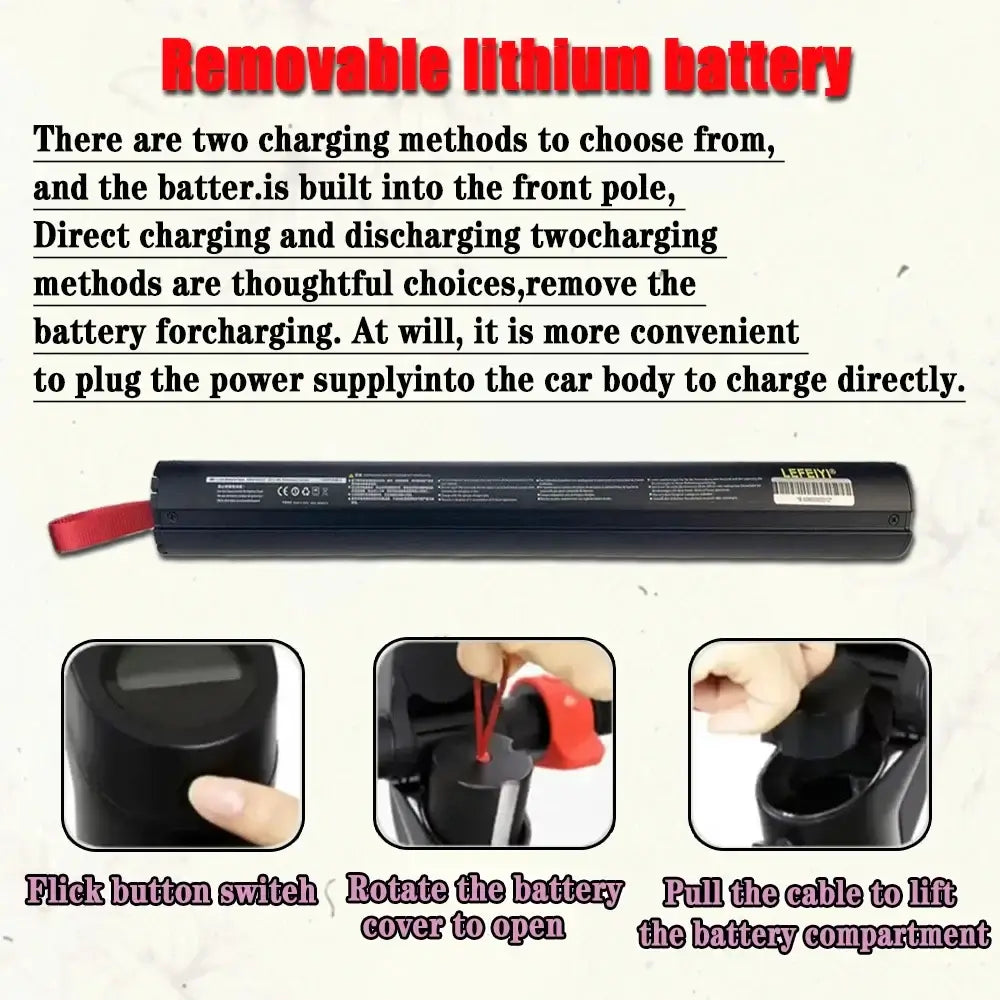 Removable lithium battery for electric scooters with clear instructions for use and charging methods.