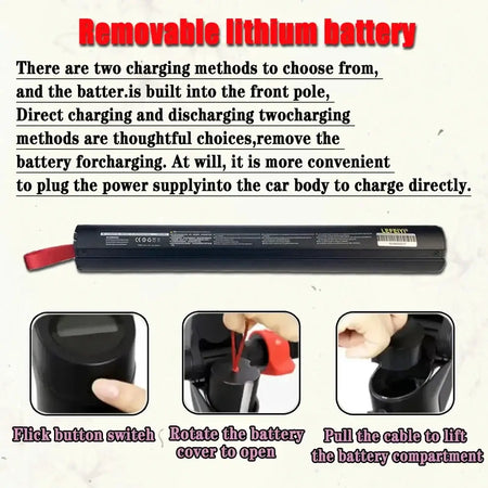 Removable lithium battery for electric scooters with clear instructions for use and charging methods.