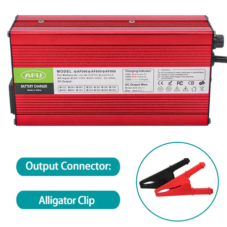AFU 84V 5A Smart Lithium Charger for 72V/74V 20S Li-ion & Lipo Battery with alligator clip connectors.
