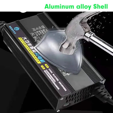 84V Li-ion Smart Charger with HD LCD Display Adjustable 5A-18A for 20S Battery being tested with hammer
