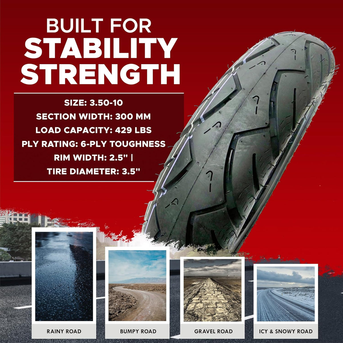   (2-Pack) 3.50-10 Tubeless Street Tires for Electric Scooter & Gas Moped