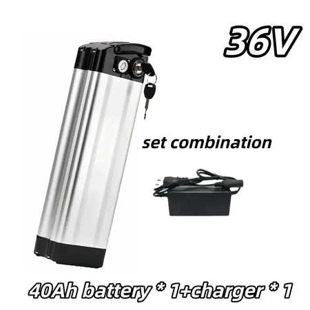 Universal 36V Silver Fish Lithium-ion Battery (15Ah-60Ah) for Folding Bikes with Built-in BMS set combination with charger.