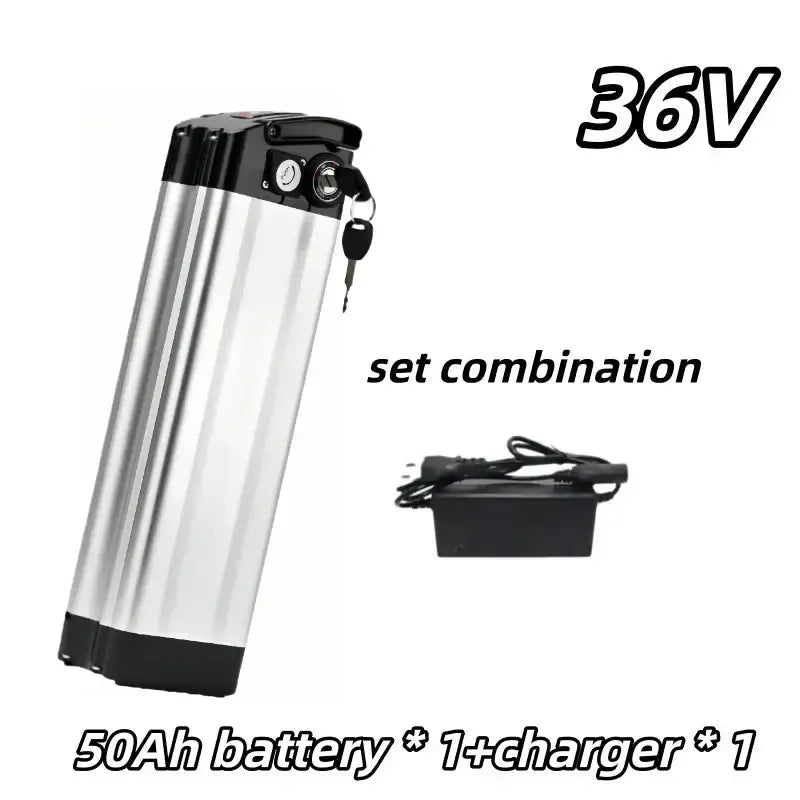 Universal 36V Silver Fish Lithium-ion Battery (15Ah-60Ah) for Folding Bikes with Built-in BMS with charger.