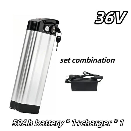 Universal 36V Silver Fish Lithium-ion Battery (15Ah-60Ah) for Folding Bikes with Built-in BMS, includes charger.