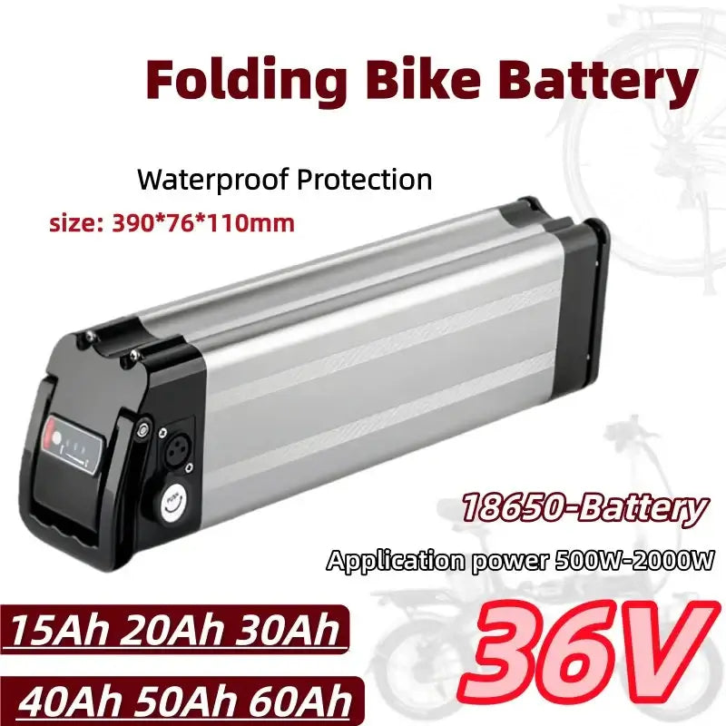 Universal 36V Silver Fish Lithium-ion Battery (15Ah-60Ah) for Folding Bikes with Built-in BMS with waterproof protection