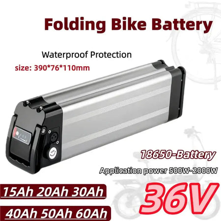 Universal 36V Silver Fish Lithium-ion Battery (15Ah-60Ah) for Folding Bikes with Built-in BMS with waterproof protection